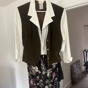 Jaclyn Smith Olive Green Suede Vest with White Blouse dress